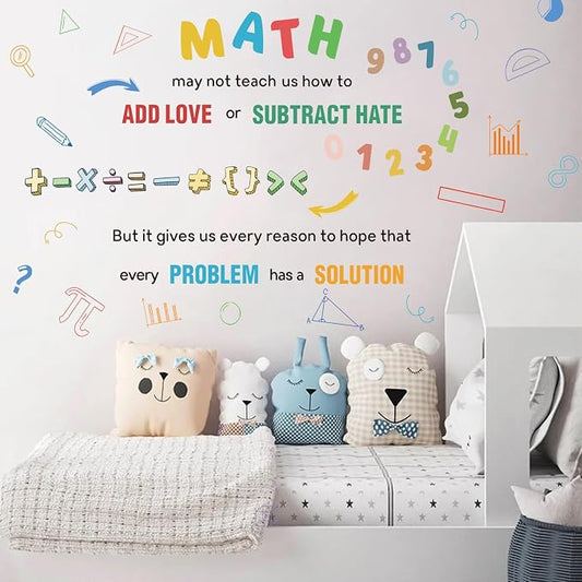 LHIUEM 2 Sheets Large Math Quotes Wall Decals,Inspirational Mathematics Wall Stickers,Big Geometry Symbols Stickers,Fun Math Decals Blue Orange Colors,Full Algebra Posters for School Classroom Nursery