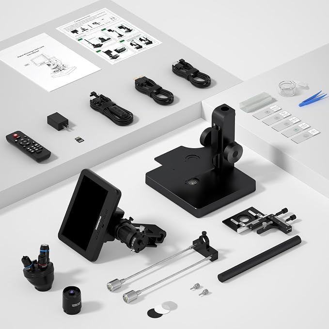Andonstar AD266S 20X-5000X HDMI Digital Microscope, 5 Lens 2160P UHD Video | 7'' LCD IPS Screen, Metal Biological Stand, X-Y Moveable Stage, Home Lab Microscope Kit with Slides, Coin Full View