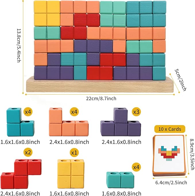 Wooden Block Puzzle, Montessori Toys Stacking Game, Preschool Educational Brain Teaser Puzzles for Toddlers and Kids Ages 3-5, Gift for Girls and Boys