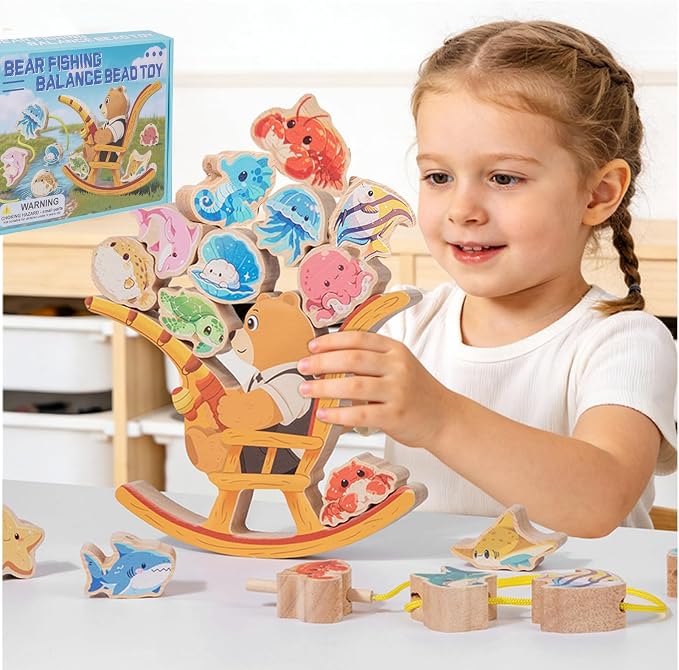 Wooden bear fishing Toy,Balance Stacking for Toddlers1-3&Kids 4-5-6 | 15pcs Blocks,Lacing Beads,Fine Motor Skills,Montessori STEM Education Learning Toy,Craft Gift for Boys&Girls
