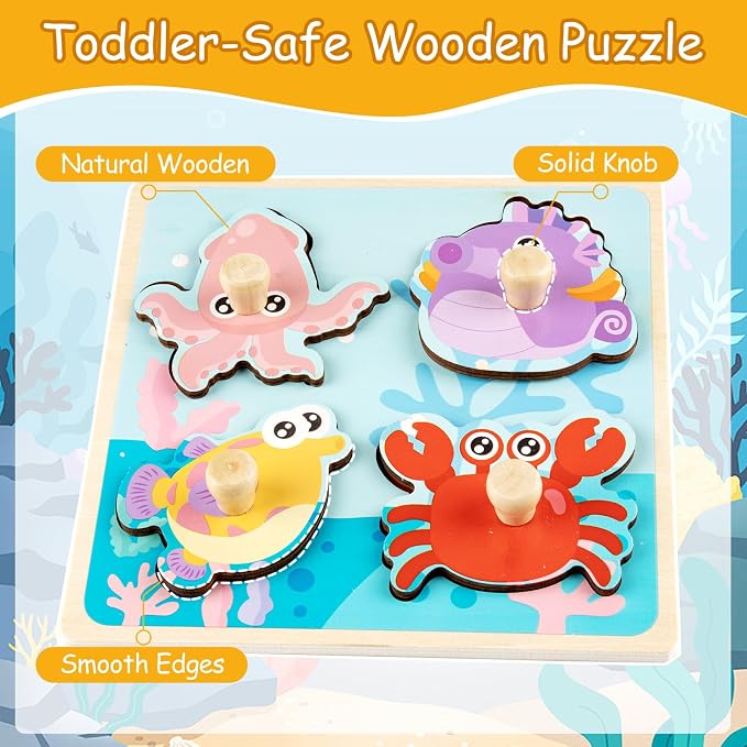 Wooden Toddler Puzzles - 4 Pcs Eco-Friendly Animal Patterns Jigsaw With Handles - Infant Kid Fine Motor Skill Learning Educational Montessori Toys for 1-3 Years Old