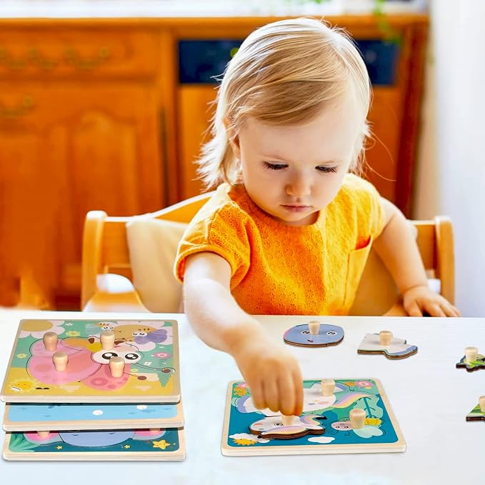 Chunky Wooden Puzzles for Toddlers 1-3: 4 PCS Animals Peg Puzzles Toys | 10 Reinforced Design Tested to 1,000+ Assembly Cycles - Big Pieces for Little Hands - Gift for 1-3 Year Olds Girl Boy