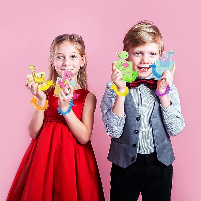 Valentines Day Cards for Kids - 24Pcs Dinosaur Cards With Glow in Dark Stretchy String Sensory Fidget Toys for Party Favors, Classroom Exchange Gifts, School Supplies