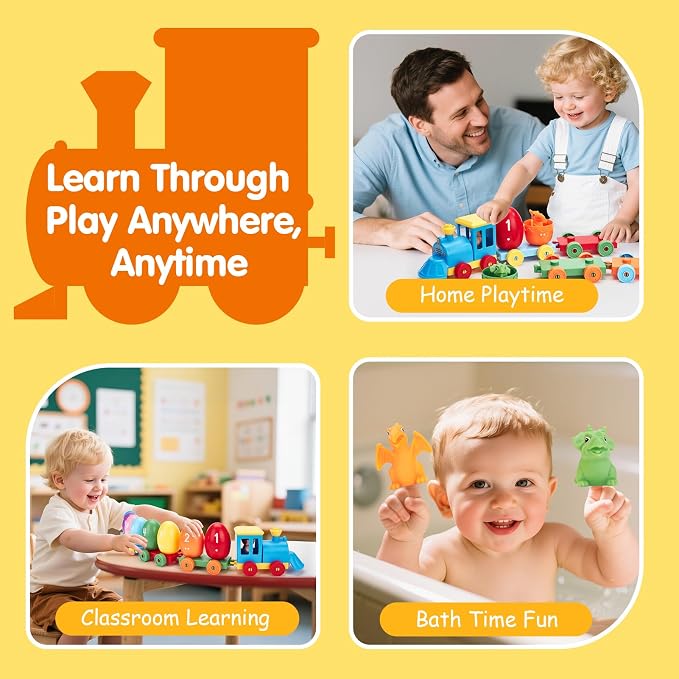 hahaland Montessori Dinosaur Train Set, Learning Toy for Toddlers Ages 2-3 | 22-piece set with 8 dinosaurs, 8 numbered sorting eggs, a buildable train, 2 dinosaur stickers and an adventurer figure.