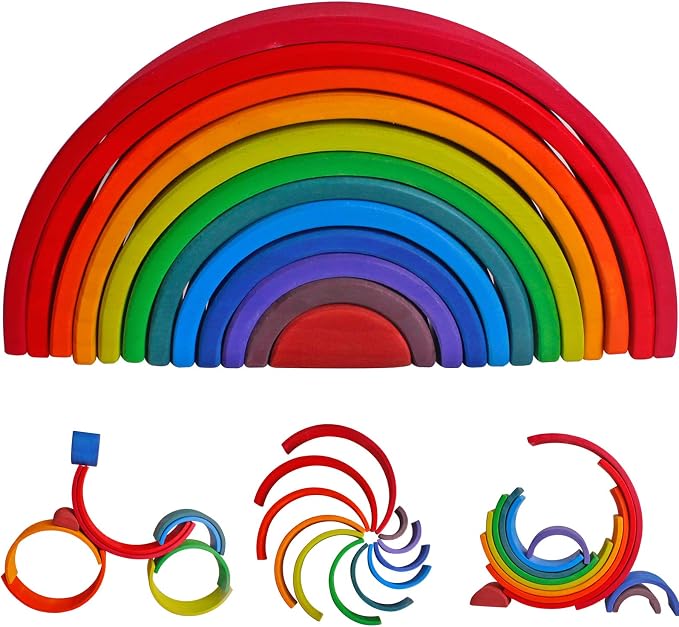 Dinhon Wooden Rainbow Stacking Toys, 12 Pcs Wood Building Blocks Set Wooden Building Blocks Nesting Puzzles, Early Matching Educational Learning Montessori Toys for Kids 3 4 5 6 Years and Up