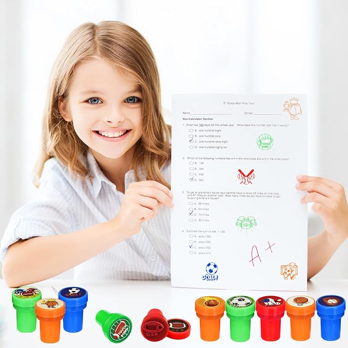 Cinrobiye 24 Pcs Sports Themed Stampers for Kids，Pre-Inked Football Basketball Baseball Soccer Stamps for Birthday Party Favors Classroom Rewards Goodie Bag Fillers Sports Party Supplies