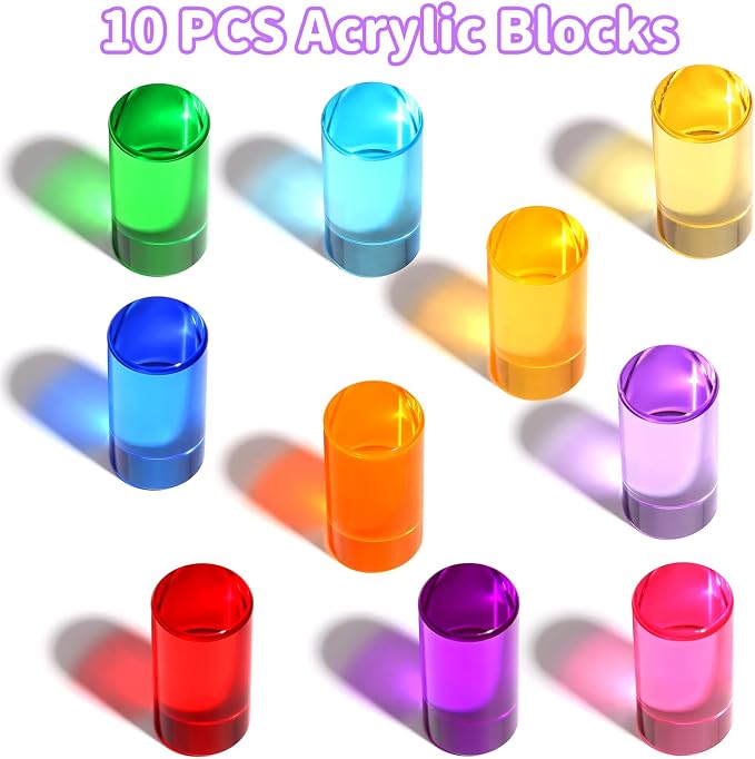 Rainbow Acrylic Blocks, 10 Stackable Cylinders for Kids Ages 3+ | 10 acrylic color blocks, 2 x 1 in, stackable, ages 3+, white paper box for gift wrap, preschool and light table use