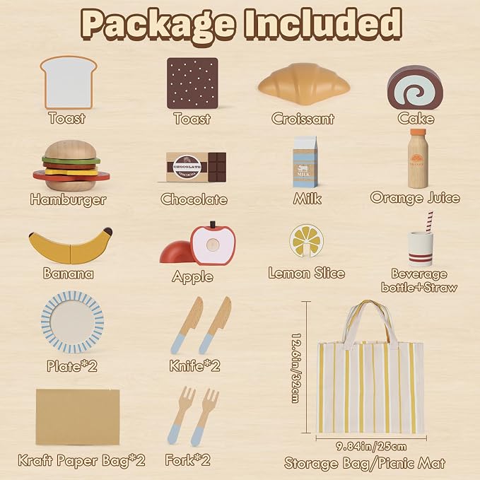 Lehoo Castle Wooden Play Food Set for Toddlers, Play Kitchen Accessories | Pretend Play Cutting Toys, with Storage Bag, Fruits, Hamburger, Plates, Cutlery, Montessori Toys for Girls Boys Kids 3-5