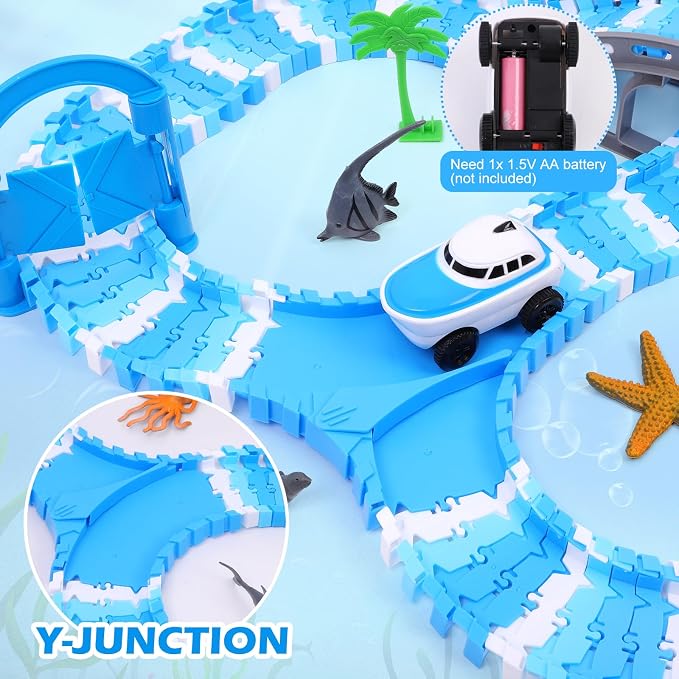 Ocean Theme Flexible Race Car Tracks for Kids, Birthday Gift for Boys Age 3 4 5 6 7 Years Old, 240+ PCS Buildable Car Track Playset with Shark Tunnel and Sea Creature Accessories