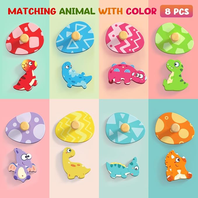 Zeoddler Wooden Puzzles for Toddlers, 8 Pcs Dinosaur Matching Egg Puzzle, Montessori Toys for Boy Girl Easter Birthday Gifts, Preschool Learning Activities & Educational Toys for Boys, Girls