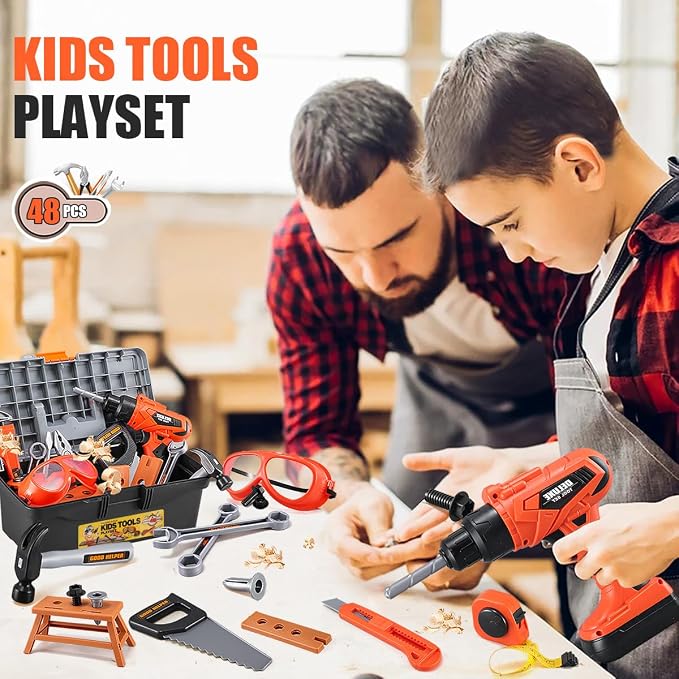 Kids Tool Set 48pcs, Christmas Birthday Gifts for Boys Girls Ages 3 , 4, 5, 6, 7,Toddler Tool Set with Portable Tool Box & Electronic Toy Drill, Construction Toys Tools for Toddlers