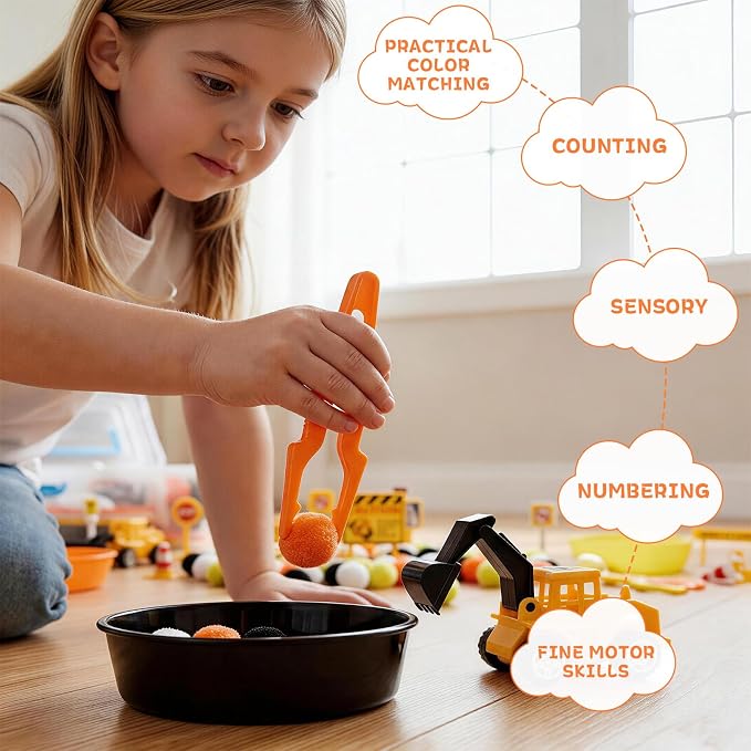 OBUSATT 200 Pcs Construction Sensory Bin Filler Toys with Storage Box - Fine Motor Counting Sorting Set Montessori Traffic Signs Pompoms Vehicles Educational Activities for Kids Toddlers Preschool