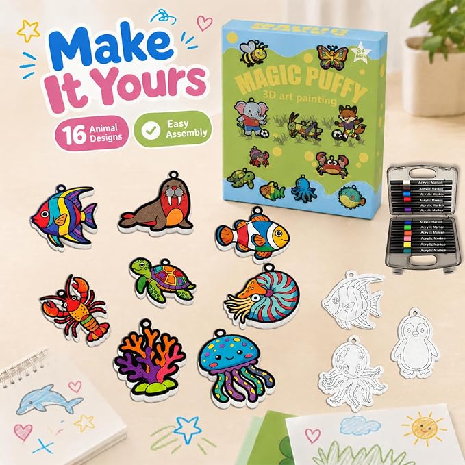 MWOMGLP Magic Foam Texture Painting Kit, 16 Pack DIY Puffy Foam Art Craft Set for Kids, 3D Sensory Painting Paper with Colorful Foam Sheets, Creative Gift for Boys Girls Ages 3+(Marine Animal)