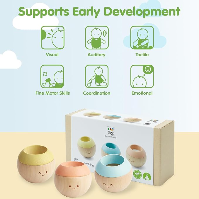 PlanToys® Pastel Wooden Tumbling Montessori Toy for Babies 6 Months+ Set | pastel wooden tumbling set, montessori sensory play, fine motor skill development, developmental baby toy, babies 6 months+ g