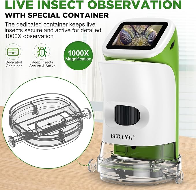 Kids Handheld Digital Microscope with Screen: STEM Science Kit Gift Toys | Rechargable | Bug Viewer | Slides Kit | Photo & Video | 4K Screen | Indoor & Outdoor Exploration for Boys Girls Ages 6-12