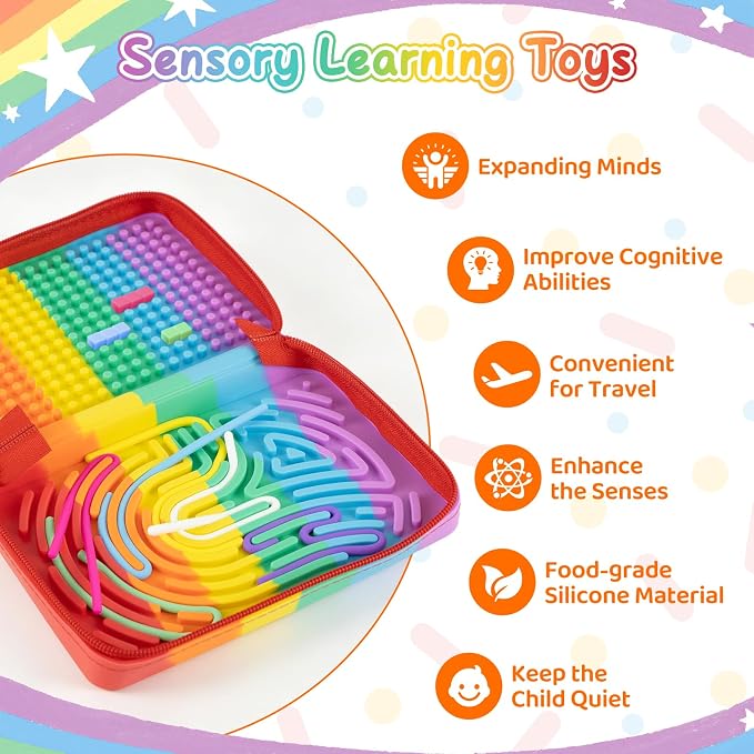Sensory Activity Board for Kids, Silicone Travel Fidget Toy | Zipper Travel Bag | Kids 3+ & Adults | Easy to Store | Anxiety, ADHD & Autism | Silent | Fine Motor Skills Development