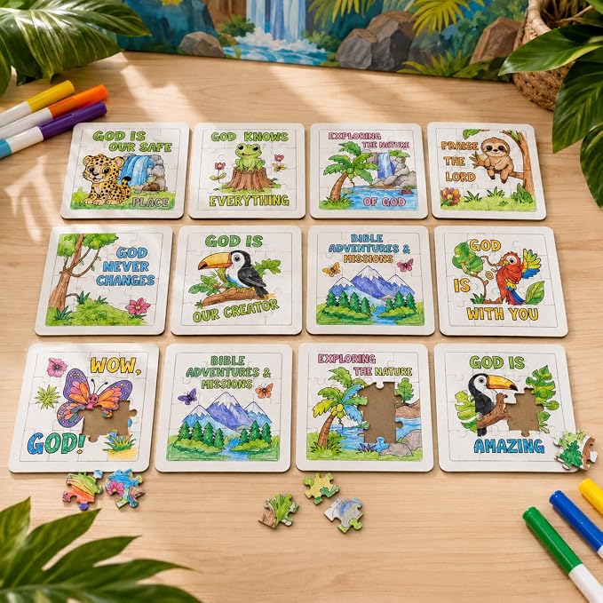 Cinrobiye 24 Pcs Rainforest Falls VBS Coloring Puzzle Kit, Christian Jungle Animal Puzzle Crafts for Vacation Bible School, Sunday School, Church Activities and Faith-Based Group Events