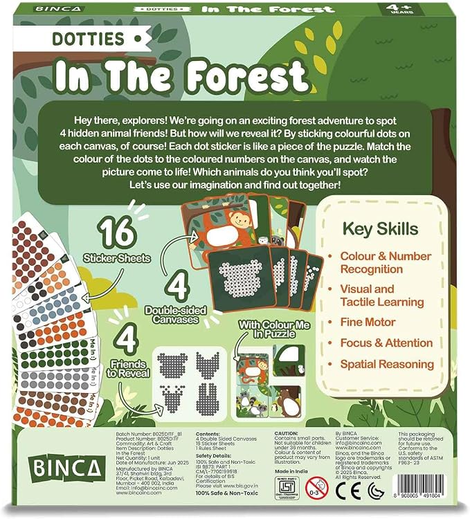 BINCA Dotties Dot Art Activity Kit, 750+ Stickers, Forest Animals Mess-Free Activities, DIY Dot Sticker Art, Kids Travel Activities, Gifts for Boys & Girls Ages 4,5,6,7
