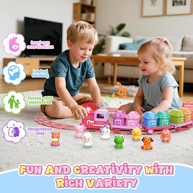 Electric Train Set for Toddlers 2-4 with Farm Animals, Music & Lights, Pink | Montessori Counting & Sorting Train Toy, 37 Pieces with 8 Farm Animal Finger Puppets and Numbered Barns for Toddler Girls