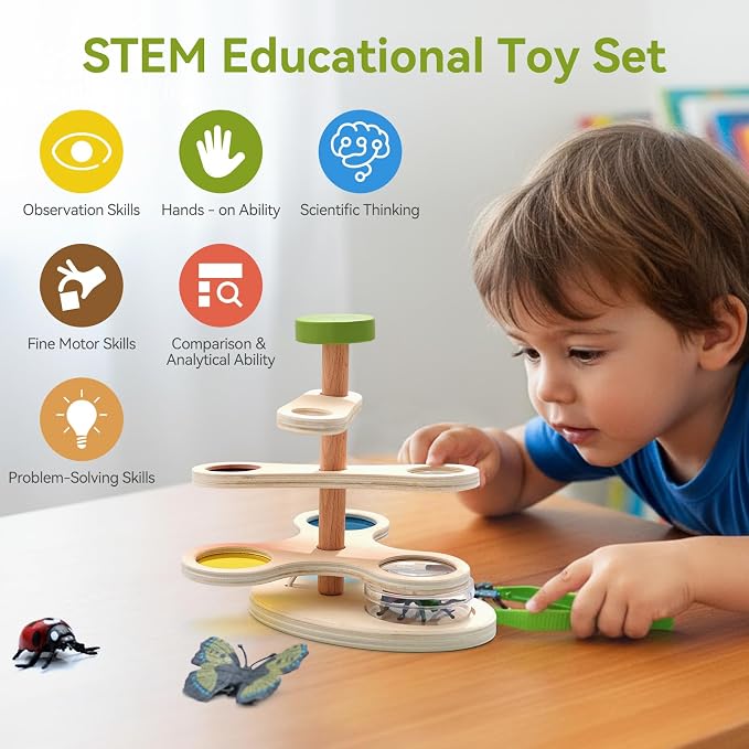 Insect Observation Kit for Kids, Multi-Magnification Rotating Viewer with Color Filters, Wooden STEM Nature Exploration Science Toy with Tweezers, Petri Dish and 6 Insect Models, Gift for Ages 4-8