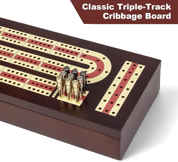 ESENHARBER Cribbage Board Game Set, Premium Wooden Board with Magnetic Lock and Metal Pegs, 2 Playing Cards, and Large Storage - Travel-Friendly Continuous 3 Track Board