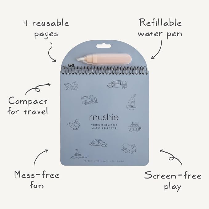 mushie Vehicles Reusable Water Color Pad | Montessori Travel Activity Book with Planes, Trains, and Cars + Refillable Brush for Toddlers 3 Years+
