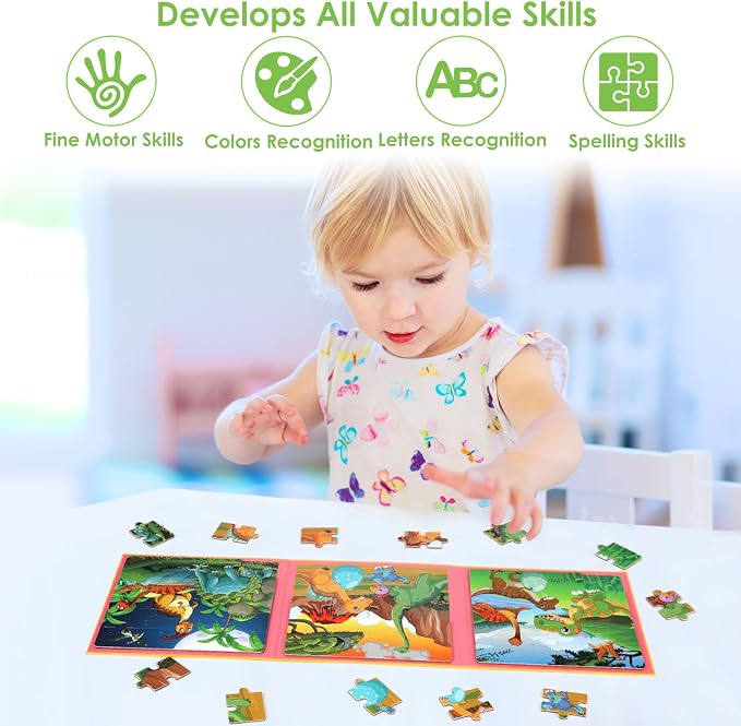 Magnetic Puzzles for Kids Ages 4-6, 20-Piece Travel Toys Dinosaur PreschoolerPuzzles, Educational Learning Magnets, Ideal Road Trip Activities Toys for 3 4 5 6 Boys and Girls