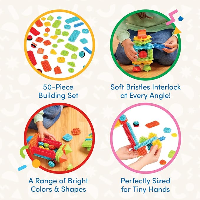 Battat Bristle Blocks Basic Builder Bucket, 50-Piece Building Toys, Playset | Interlocking blocks in bright colors and shapes with wheels for movable builds and easy assembly, 50 Pieces, 2+ Years
