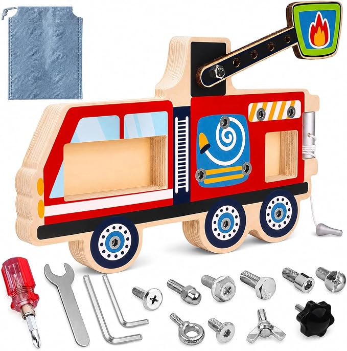 Wooden Fire Truck Screw Activity Board with Tools, Montessori-Inspired, 3+ | Removable screws and pieces for matching, turning and refitting, with storage bag for tidy pack-away