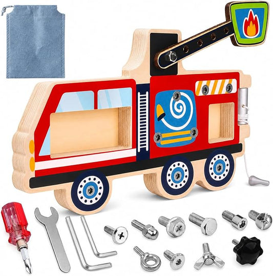 Wooden Fire Truck Screw Activity Board with Tools, Montessori-Inspired, 3+ | Removable screws and pieces for matching, turning and refitting, with storage bag for tidy pack-away
