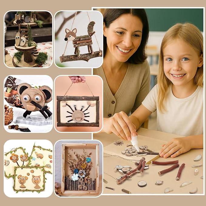 PH PandaHall Wooden Unfinished Craft Kits, Handmade DIY Wood Stakes Kits Natural Wood Slices Loose Part Play DIY Tiny Wood Pieces Kit for Craft Painting Dollhouse Sorting Activities School Projects