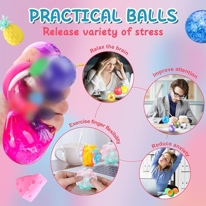 54 Pack Stress Balls, Squishy Balls, Squeeze Balls for Adults | Stress Relief Balls, Prize Box Stuffers, Party Favors