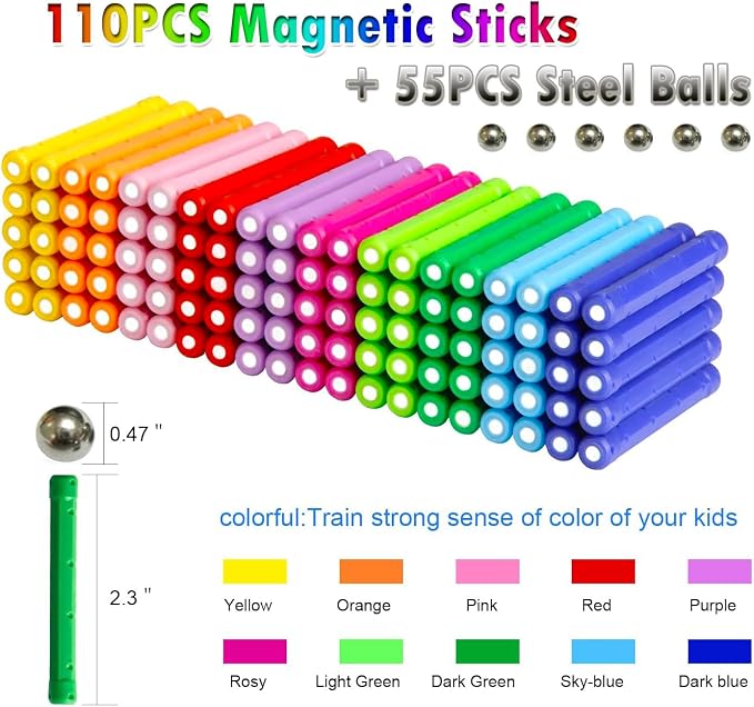 165PCS Magnetic Building Blocks Toys, 2.3" Magnet Sticks and Non-Magnetic Balls Set Magnet Game for Kids and Adult, 3D STEM Building Toys with Storage Bag