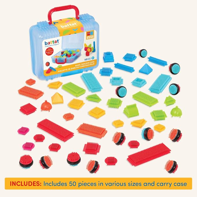 Battat Bristle Blocks Basic Builder Case, 50-Piece Building Blocks, Playset | Interlocking bristle building blocks with 12 functional wheels and reusable carry case for storage and travel, 2+ Years