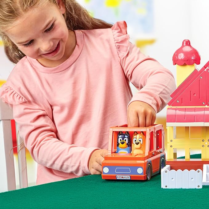 Tile Town Bluey Heeler Family Home Magnetic Tile Set, 52 Pieces | Includes Bluey & Bingo figures, action tiles, 1 vehicle; STEM building toy for kids ages 3+