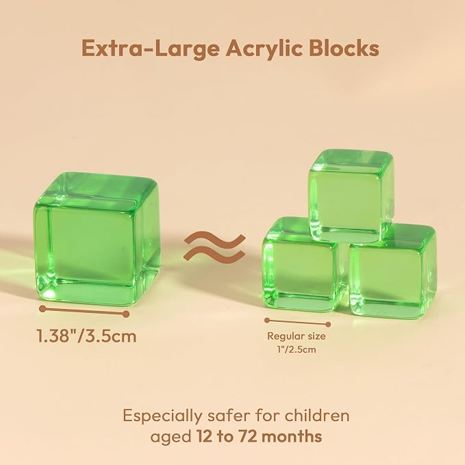 Woodtoe Large Building Blocks for Toddlers, Montessori Stacking Toys for 1 2 3 4 Year Old Baby Boys Girls, No Choking Hazard, Big Acrylic Gem Cubes Rainbow Blocks, STEM Sensory Toy Gifts for Kids 1-3