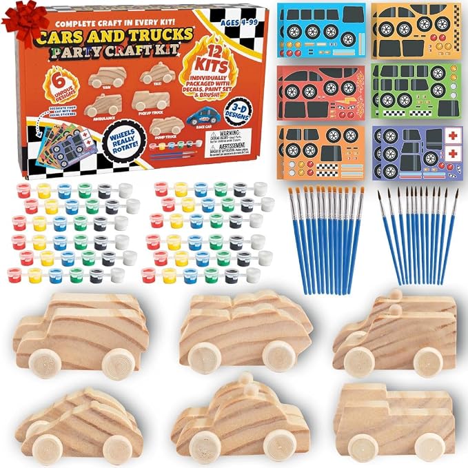 Kids Paint Your Own Wooden Car Craft Kits (12 Pack) – DIY Wood Painting Art Kits, Individually Wrapped w Paint, Brush & Bonus Decal Stickers – Party Favors, Classroom Crafts, Bulk Kids Activities