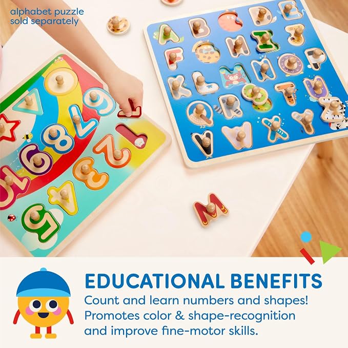 Battat Wooden Number and Shapes Puzzle, Puzzle n Learn Garden, Wood Toys | 15-piece wooden puzzle with 1 board, 10 number pieces, and 4 shape pieces for early math and matching play, 2+ Years