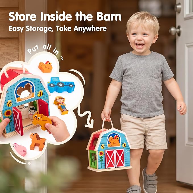 hahaland Wooden Montessori Toys Farm Animals Barn for Toddlers 1-3 | Shape Sorter Sorting & Stacking Learning Toy for 1 2 3 Year Old Boys Girls, Educational Toy Christmas Birthday Gift