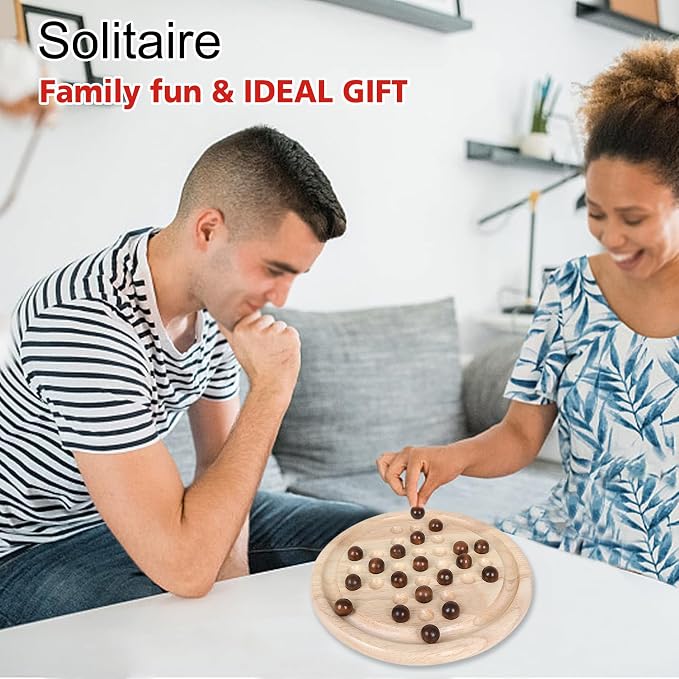 Gothink Solid Wood Solitaire Game, Classic Handcrafted 9'' Wooden Solitaire Board, 33 Smooth Wooden Balls, Single Strategic Mind Game for Kids and Adults