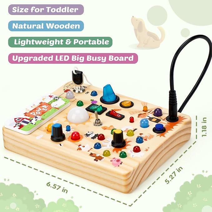 Joyreal Wooden Busy Board for Toddlers - Montessori Toys for 1 2 3 Year Old | Sensory Activity Board with 10 Switches & 19 Lights, Toddlers Activity Travel Toys for Boy & Girl Birthday Gift (Farm Theme)