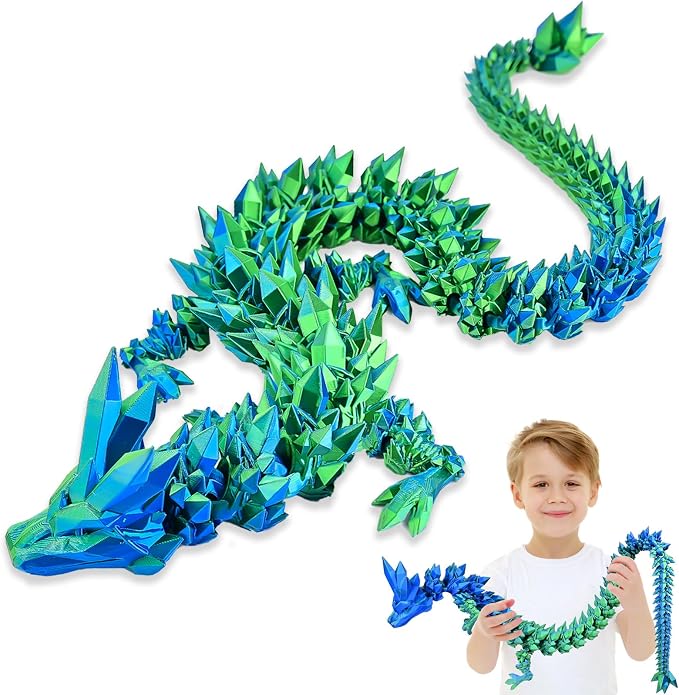 30 Inch Large 3D Printed Dragon 76cm Long Fidget Toy Gift Decor | Flexible Giant Articulated Dragon Toy, Home Desk Decoration, Birthdays Christmas Gift for Kids Boys Girls Adults, Blue Green