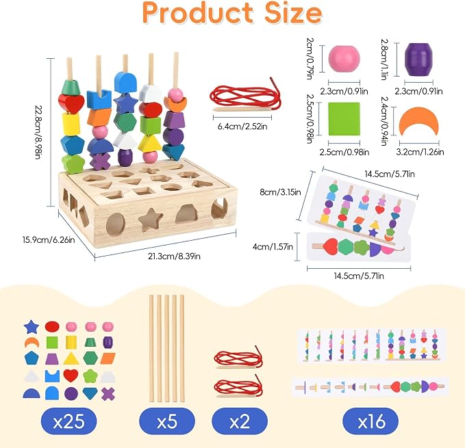Sewulidon 3 in 1 Wooden Color Sorting Stacking Toys, Montessori Toys Geometric Shape Sorter Matching Lacing Beads Sequencing Toy Set Preschool Learning Fine Motor Skills for Toddlers 3 4 5 Years