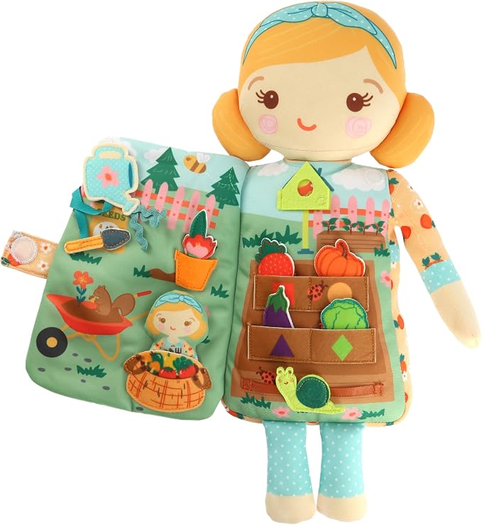 Rosie the Gardener– 2-in-1 Soft Activity Doll & Busy Book | Screen-Free Travel Plush Toy with Tethered Pieces for Toddlers and Preschoolers ages 1–4 by Aleni Brands