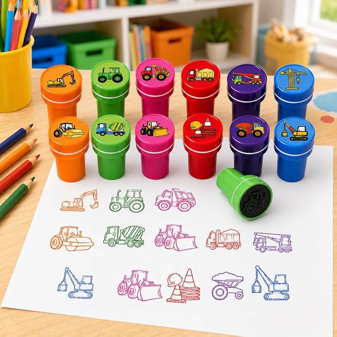 Cinrobiye 24 Pcs Construction Vehicle Stampers Party Favor Set, Cute Building Truck Stamps for Kids Birthday Party, Classroom Rewards, Carnival Prizes, Goody Bag Fillers, Themed Party Supplies