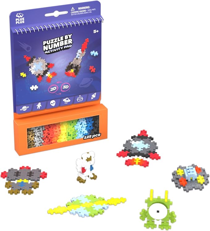 PLUS PLUS Puzzle By Number Activity Pad, Space - Mini Building Blocks Set | Roadtrip Essentials for Kids, Interlocking Waffle Blocks, Stem Toy, Airplane Activities for Kids, Kid Car Ride Must Haves