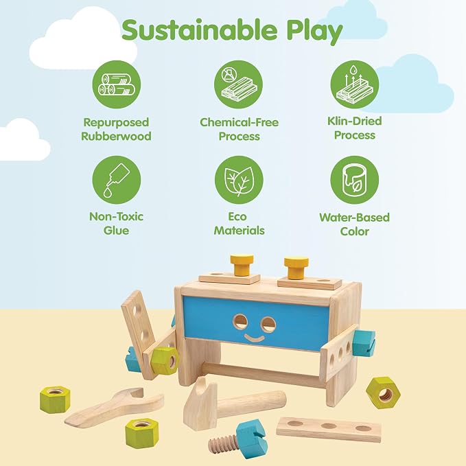 PlanToys Wooden Transforming Robot Tool Box with Wrench, Nuts & Bolts, Wooden Planks, and Shapes| Sustainably Made from Rubberwood and Non-Toxic Paints and Dyes | hammer, wrench, screwdriver, kids tool set, girls, boys, fine motor problem solving imagi...