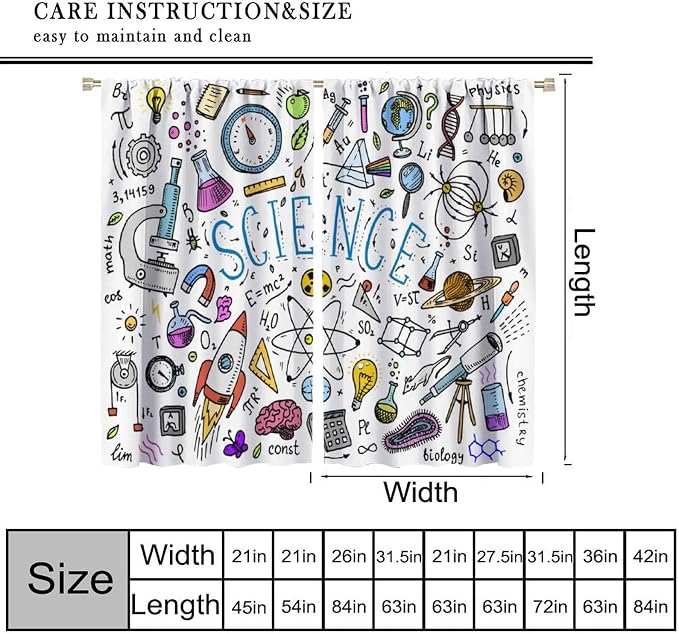 Science Symbols Kids Curtain Sketches Cartoon Chemistry Physics Geometry Education Pattern Print Window Drapes for Bedroom Living Room Kitchen Decor,2 Panel Set,63x72 Inch Blackout