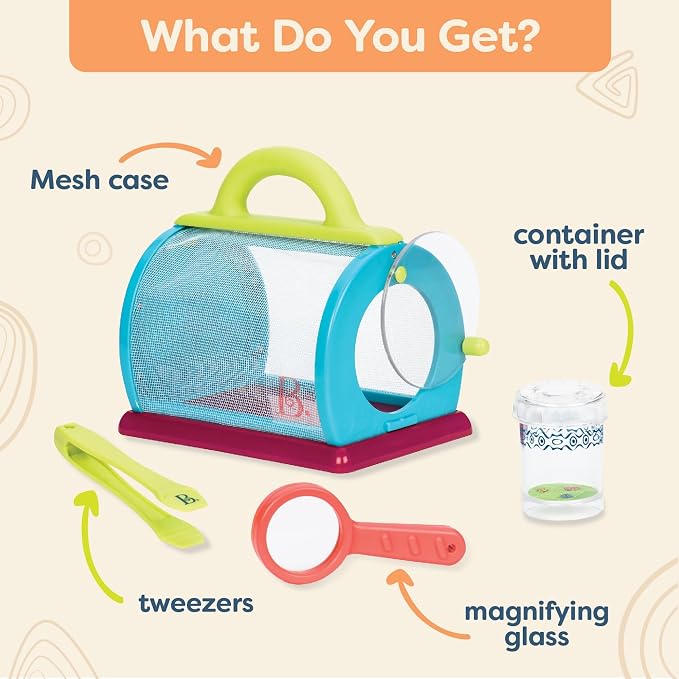 B. toys Bug Bungalow Bug Catching Kit with Mesh Bug House Case, Summer | 4-piece insect catching kit with mesh case, magnifying container, tweezers, magnifier, carry handle for nature play, 3+ Years