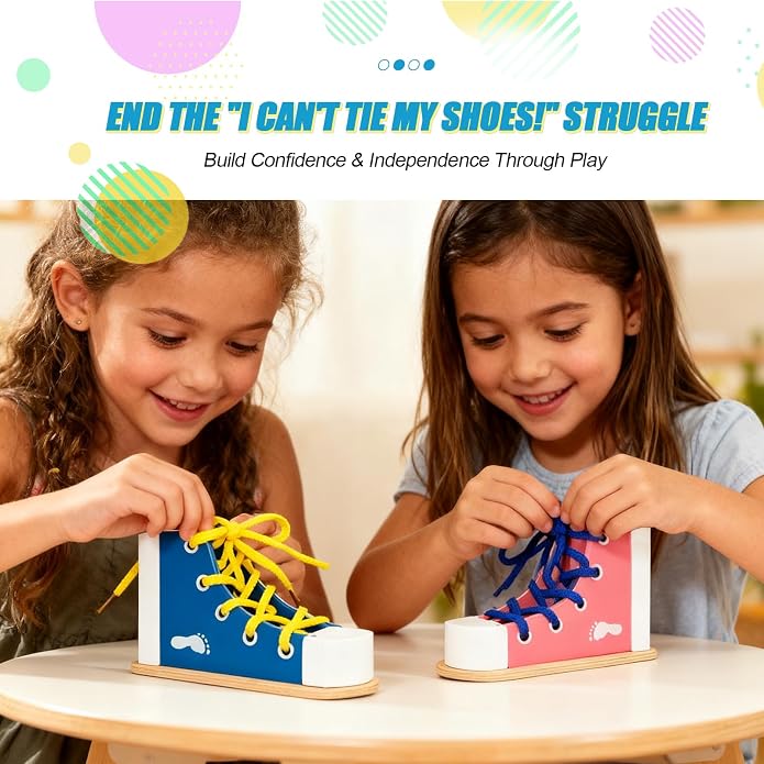 Learn to Tie Shoes for Kids, Wooden Lacing Sneaker Toy,Montessori Educational Toy for Toddlers Ages 4-8